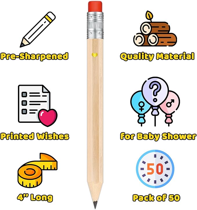 50Pcs - Baby Shower Sharpened Half Pencils with Erasers, Pre-sharpened Pencils for Baby Shower Games, 4 Inches