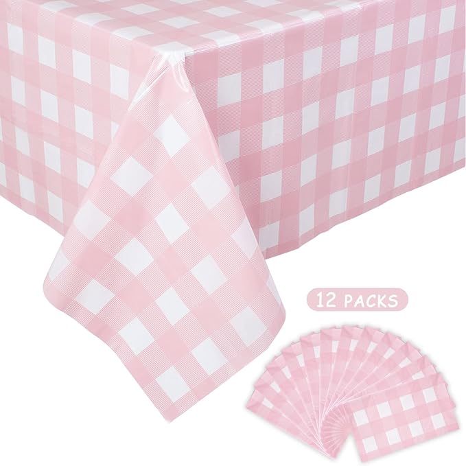 Kesfey 12 Packs Pink Gingham Tablecloth 54 x 108 Inches Pink and White Checkered Table Cloths Party Picnic Disposable Table Covers Splashproof Plastic Checkered Gingham Tablecover for Dinners Party