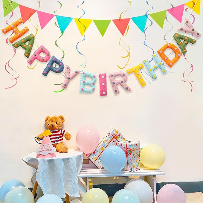 Pre-Strung Handmade Wool Felt Colorful Happy Birthday Banner, Unique 3D Confetti Dots Happy Birthday Garland Decor, Reusable Happy Birthday Sign for Boho Rainbow Party Backdrop Decorations