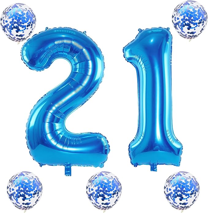 Blue Number 21 Balloons, 40 Inch 21st Birthday Balloons with Confetti Helium Latex Balloons, Jumbo Digital 1 & 2 Mylar Foil Balloons for Boys Girls Men 12th 21st Birthday Anniversary Party Decorations