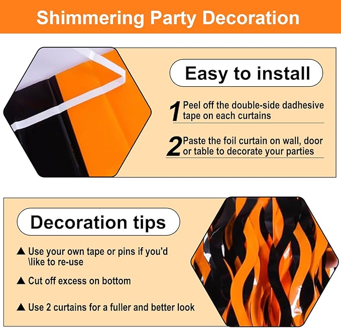 4 Pack Black Orange Wave Foil Fringe Curtain Backdrop, 3.28Ft x 8.2Ft Metallic Tinsel Foil Fringe Streamer Curtains for Photo Booth, Mother's Day, Easter, Birthday, Wedding Party Decoration