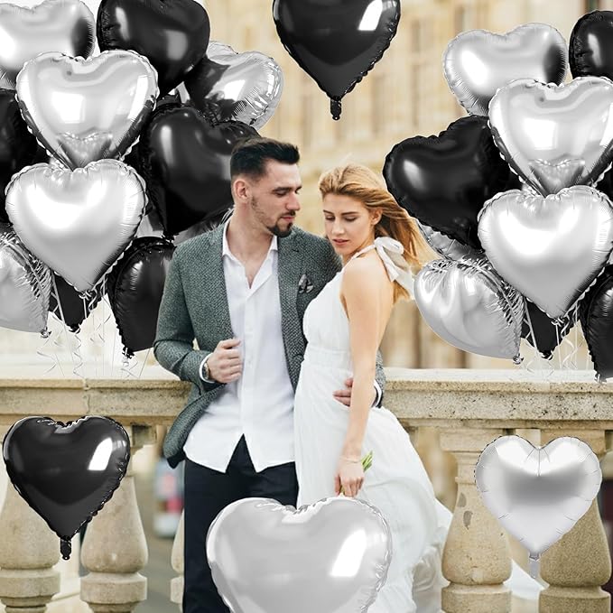 Black Silver Heart Balloons, 10 Pcs 18 Inch Metallic Silver Black Heart Shaped Balloon Foil Balloons Helium for Boys Men Brithday Bridal Baby Shower Valentines Day Halloween Party Decorations