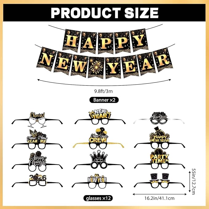 Happy New Year Party Supplies 2026, 49pcs New Years Party Favors Set Includes New Years Paper Hats, Headband, Eyeglasses, Blowouts, Banner for New Year's Eve Party