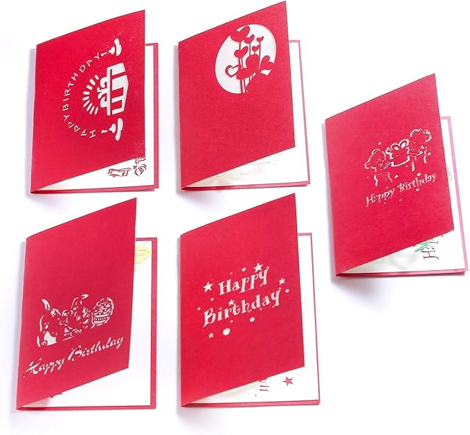 3D Birthday Pop-Up Cards- Cat, Dog, Bear, Rabbit. Cute for Girls & Boys (5 Pack)