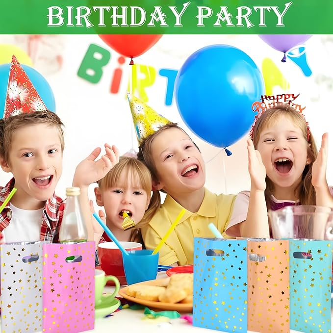 50pcs Party Favor Bags for Kids Birthday Goodies Bags, Plastic Gift Bags for Kids Girls Boys Candy Birthday Party Favor Gift Wraps (50pcs star pattern 5colors)