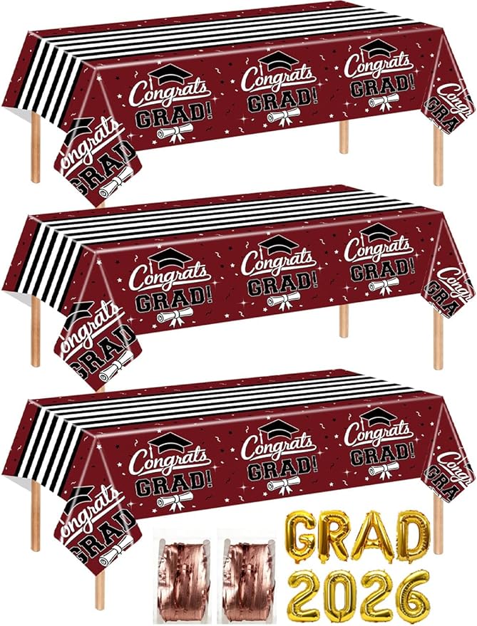 7-Pack Graduation Party Decorations Set, 3 Maroon Graduation Tablecloths 54 x 108 in, 2026 and Grad Balloons, 2 Foil Fringe Curtains for High School College Graduation Party Photo Booth