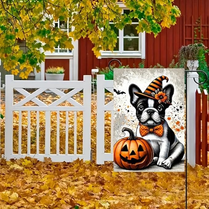 Halloween Garden Flag French Bulldog Pumpkin Witch Hat 12x18 Inch Double SidedOutdoor Yard Banner for Trick or Treat Spooky Haunted House Holiday Decoration Decor