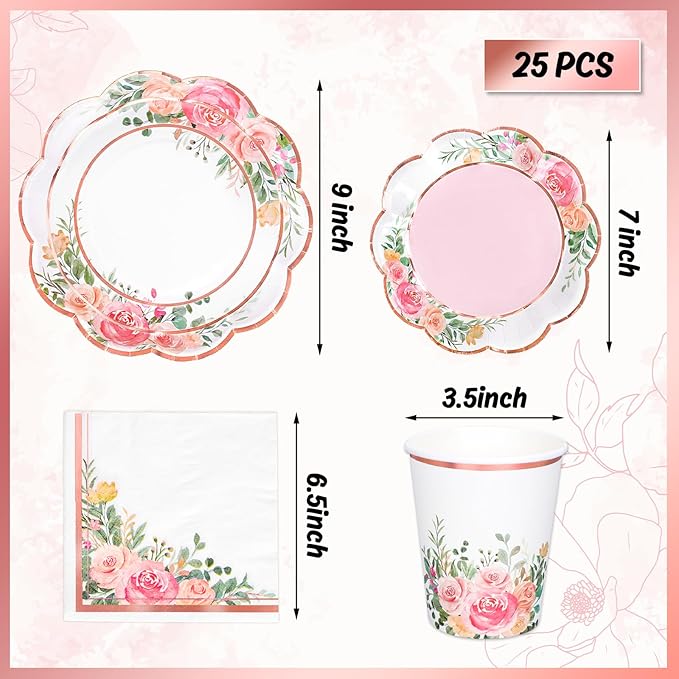 Whaline Floral Tableware Set Pink Flower Rose Gold Foil Disposable Party Supplies Scalloped Plates Paper Napkins Cups for 25 Guests Spring Wedding Bridal Baby Shower Birthday
