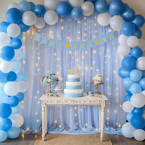 10ft x 10ft Baby Blue Chiffon Backdrop Curtain with Lights String for Parties,2 Panels Sheer Tulle Curtain Wedding Photo Backdrop with Lights for Baby Shower Birthday Party Ceremony Home Decorations
