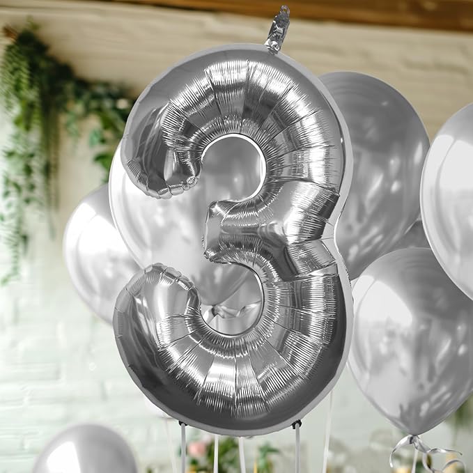 40 Inch Large Silver Number Celebration and Decoration Balloon for Birthday Parties, Graduations, Anniversaries, Weddings, Photo Shoots, Special Events - Helium Foil (Silver Number 3)