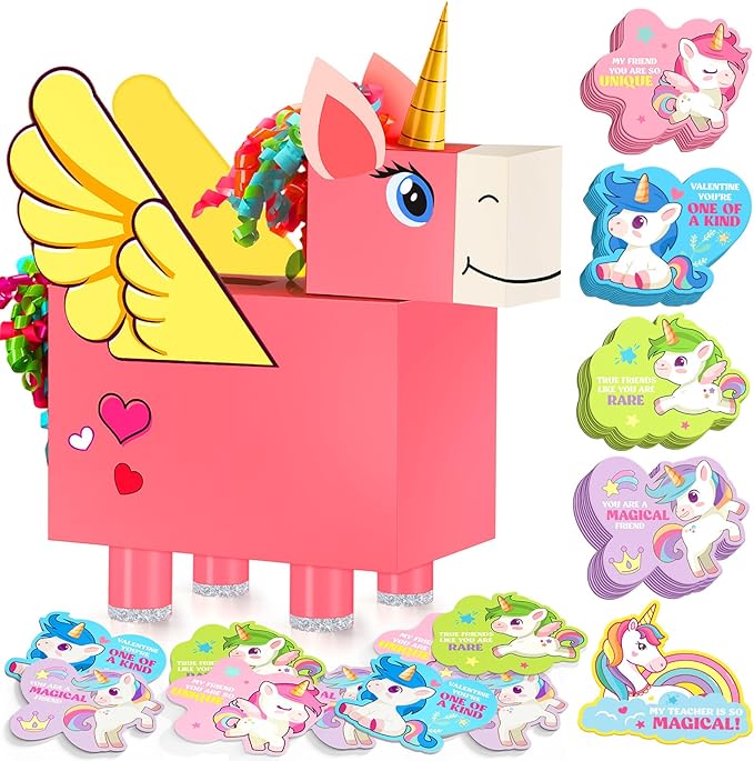 Gloween Valentines Day Boxes and Cards for Kids Classroom School Exchange, Great Valentines Gifts Party Favors for Boys Girls (1 Unicorn Box, 32 Valentine Cards, 1 Teacher Card)