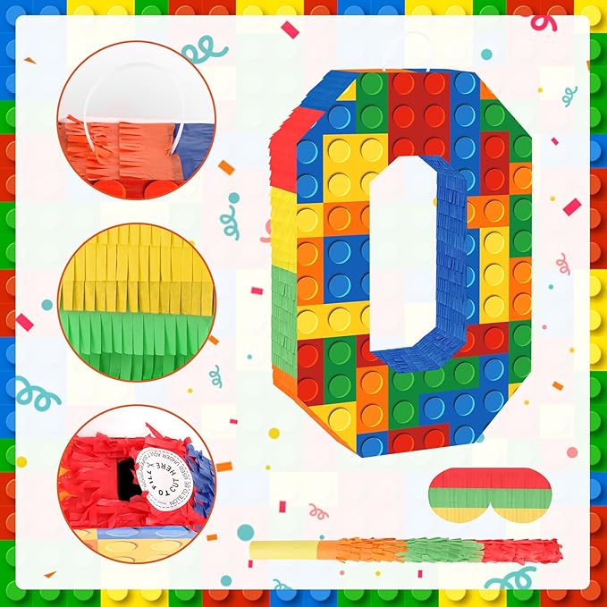 Number 0 Pinata Building Blocks with Pinata Stick Blindfold 10th Birthday Party Decorations for Kids Happy Birthday Building Block Theme Anniversary Party Supplies (Small, 16 x 10.6 x 3 In)