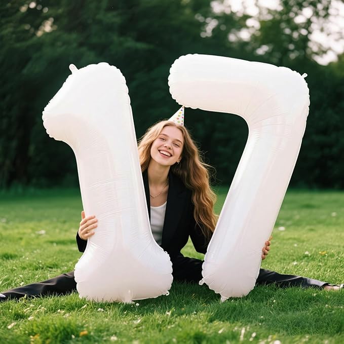 40 Inch White Number 17 Digital Balloon,Jumbo Mylar Foil Helium Balloon for 17 Balloons for Birthday Party,Wedding Anniversary Party Decorations