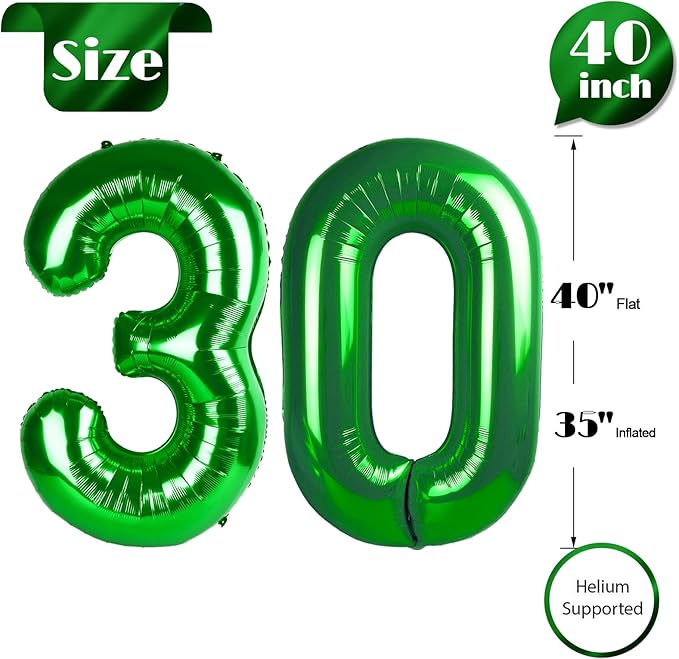 30 Balloon Number, Green Number 30th Birthday Balloons 40 Inch, 30 Years Old Green Birthday Decorations for Men Women, 30th Anniversary Decorations