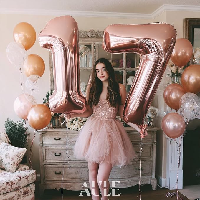 AULE 40 Inch Large 17 Number Balloons Rose Gold Big Foil Number Balloons Giant Helium Happy 17th Birthday Party Decorations for Girl Huge Mylar 71 Anniversary Supplies