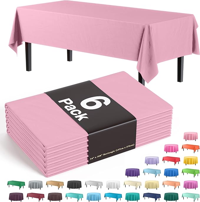 Exquisite Party Solids 6-Pack Premium Plastic Tablecloth 54in. x 108in. Rectangle Plastic Table Cover - Pink