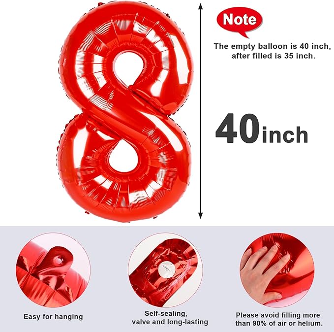 40 Inch Number 8 Balloon, Red 8 18 28 80 Birthday Balloons for Men Boys, 8th Birthday Decorations Party Supplies, Wedding, Graduations