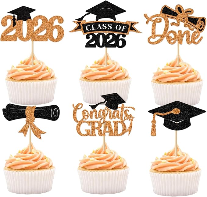 2026 Graduation Cupcake Toppers, 36 pack Orange Glitter Class of 2026 Congrats Grad Diploma Cap Cupcake Picks for 2026 Graduation Party decorating Supplies