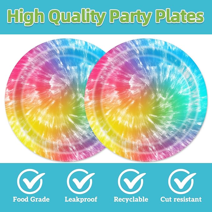40Pcs Tie Dye Birthday Party Plates and Napkins for 20 Guests Tableware Supplies Colorful Tie Dye for Kids Baby Shower Birthday Party Decorations