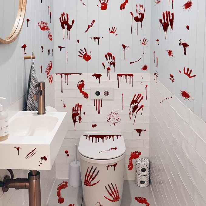 Halloween Decorations Set Bloody Backdrop Banner + Ghost Shadow Blood Footprint Handprint Floor Cling Decal for Bloody Party Spooky Zombie Vampire Party Supply Garage Yard Outdoor Indoor Decor