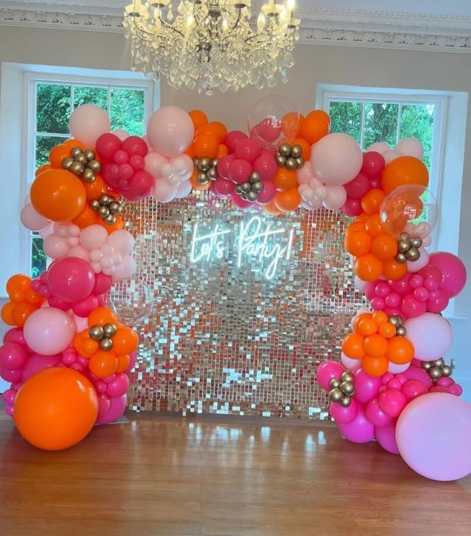 200Pcs Pink and Orange Gold Balloons Garland Arch Kit - Hot Pink Orange Baby Pink Metallic Gold Different Size Balloon for Birthday Baby Shower Wedding Tropical Summer Party Decorations
