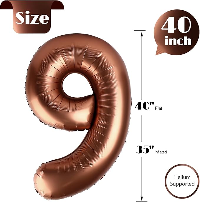 Coffee Brown Number 9 Balloon 40 Inch, 9 Balloon Number, 9th Birthday Decorations, Coffee Brown Party Supplies for Boys Girls