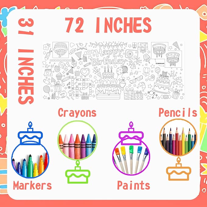 Birthday Party Decoration Giant Coloring Poster, Large Coloring Table Cloth for Versatile Activity Drawing Coloring Paper Poster for Classroom Wall Decor School Gift Art Crafts DIY Table Cover