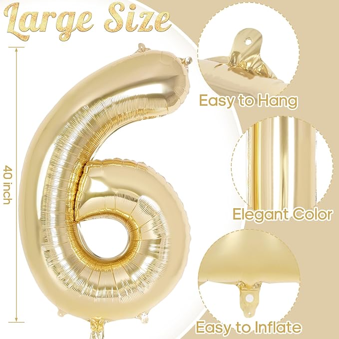 Light Gold Number 6 Balloon 40 Inch, Big Large Foil Helium White Gold Number Balloons, Giant Mylar Number 6 Balloons for 6 Year Old Birthday Party Decorations Supplies Anniversary