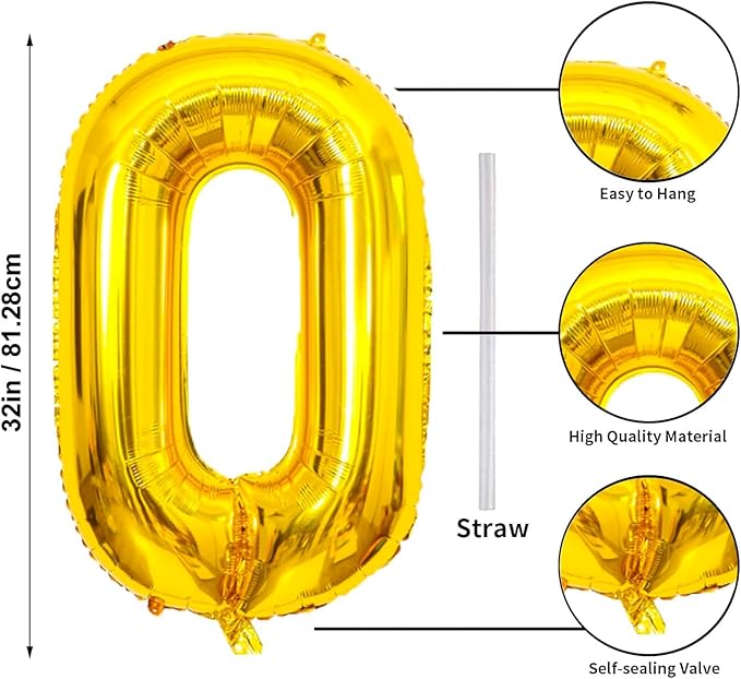 32 In Gold Large Numbers Balloons 0-9, Self Inflating Number 0 Balloons for Boys Girls, Big Gold Digit 0 Balloons for Women Men Birthday Party Anniversary Wedding Supplies Decorations