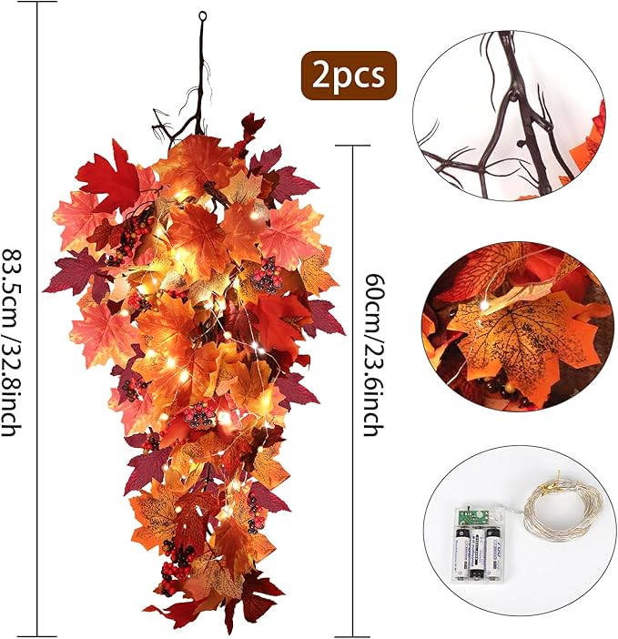 Halloween Garland Decor Indoor Table Decorations Fall Wall Hanging Artificial Black Maple Leaf Vine Decorations for Home (2 Pcs Fall Light, Set with Light)