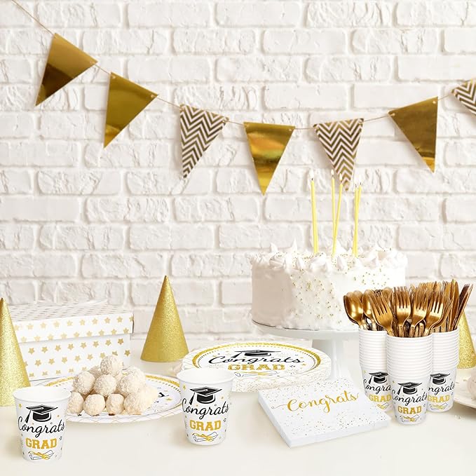 Whaline 175 Pcs Graduation Party Supplies, Paper Plates and Napkins Set, 25 Guests Gold Congrats Grad Disposable Tableware Include Plate Napkin Cup and Cutlery for Party Table Decor