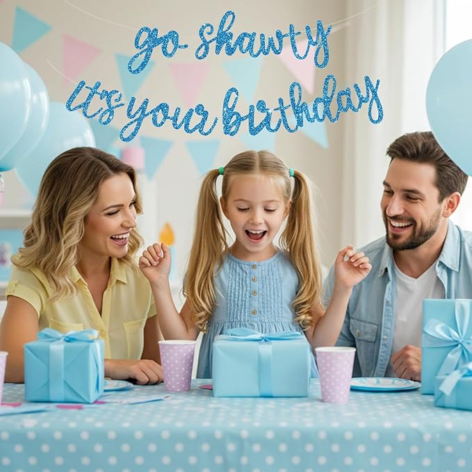 BEISHIDA Go Shawty It's Your Birthday Banner NO DIY Hip Hop Theme Happy Birthday Banner Pre-Strung Rap Theme Happy Birthday Sign for Man Women birthday Party Supply Glitter Sky Blue