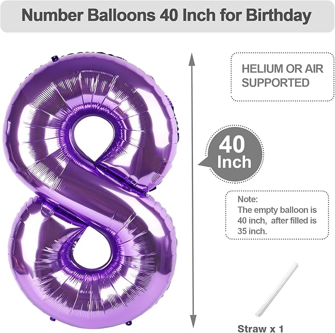 Balloons 8 Number, 40 Inch Purple Big Birthday Decorations for Men, Balloons Decoration for Happy 8 18 28 80 Birthday, Wedding Anniversary, New Year, Single Party Decoration