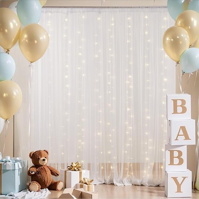 10x10ft White Tulle Backdrop Curtain with Lights String for Parites, Sheer Curtain Backdrop Drapes for Wedding Baby Shower Bridal Shower Birthday Party Photography Background Decoration