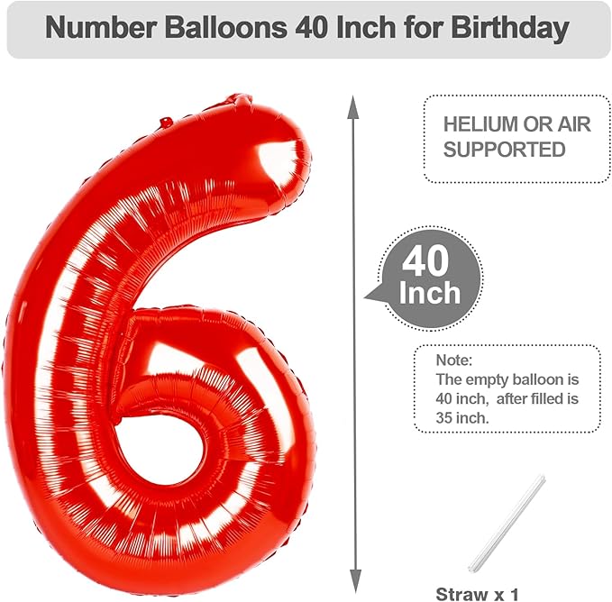 6 Birthday Balloons, 40 Inch Foil Big Balloon for Men And Women, Red Balloons for 6, 16, 26, 60, 2026 Graduation, Birthday, Wedding Anniversary, Xmas, Party Supplies