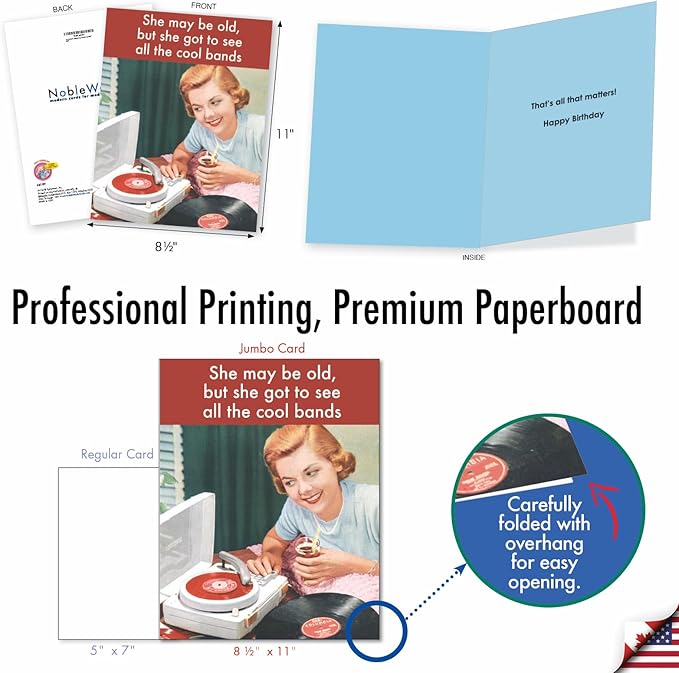 NobleWorks - 1 Large Happy Birthday Card (8.5 x 11 Inch) - Funny Cartoon Stationery for Celebrating Birthdays - See Cool Bands J4107