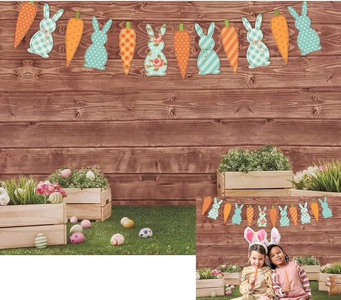 Happy Easter Backdrop Spring Rabbit Carrot Green Grass Eggs Baby Shower Backdrop Brown Wooden Wall Easter Party Decoration (7x5ft)