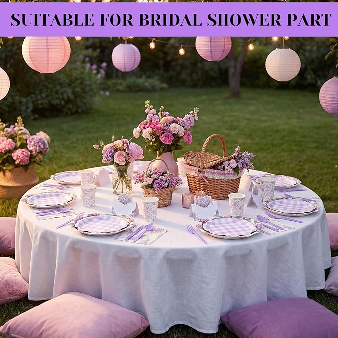 Shellwei 410 Pcs Purple Hydrangea Tea Party Decorations Elegant Floral Paper Plates and Napkins Set Disposable Party Tableware Sets with Cups Knives Forks Spoons Seat Card Favors for 50 Guests