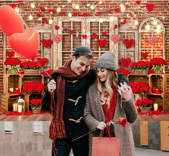 Red Rose Brick Wall Backdrop 7x5ft Romantic Love Theme Anniversary Backdrop Banner Vintage Door Window Light Decor for Engagement Wedding Couples Date Night Party Photo Booth Props (82x59inch)