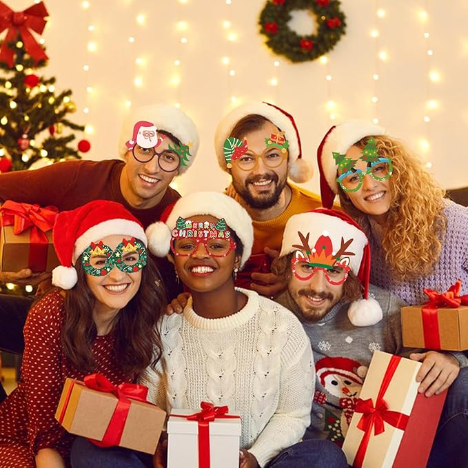 12PCS Christmas Glasses, Funny Christmas Party Paper Glasses Photo Booth Props Holiday Eyeglasses Frames for Xmas Party Supplies Decorations