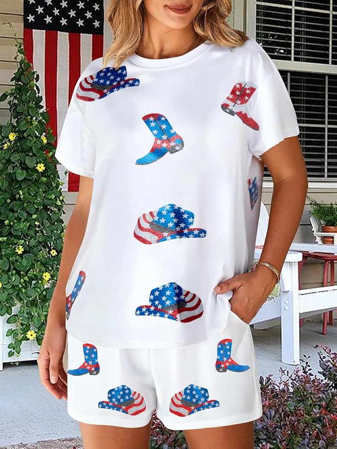 VILOVE 4th of July 2 Piece Sequin Outfits Women 250 Anniversary Usa Shirts and Short Sets Casual Patriotic Shirt Summer Set