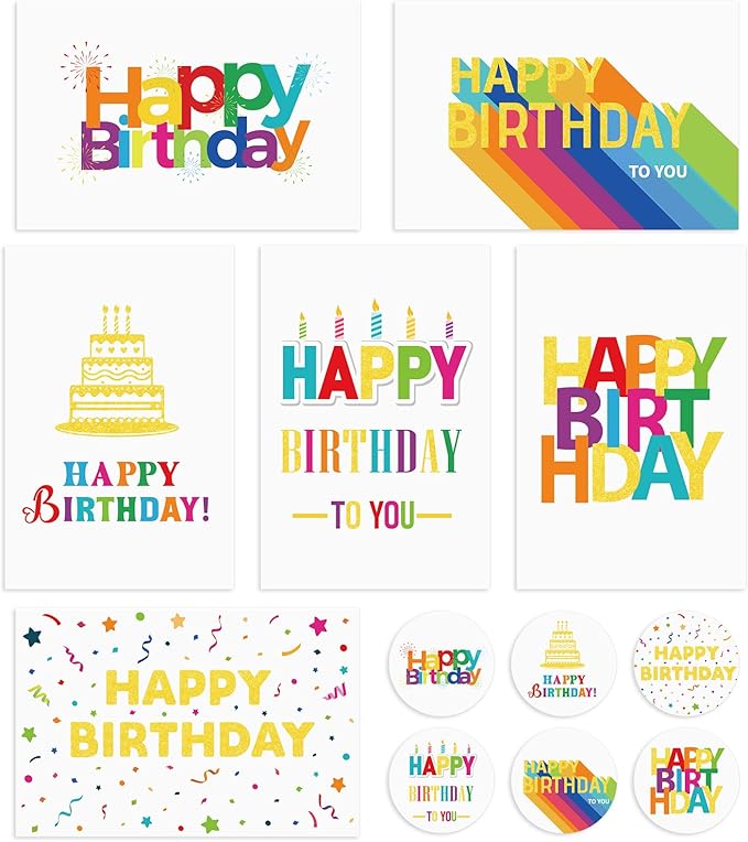 Hooqict 120 Pack Assorted Gold Happy Birthday Cards Bulk with Envelopes and Stickers 4x6 Inch Thick Card Stock Blank Birthday Card Set for Kids Girls Boys Men Women Family Classroom Office Business