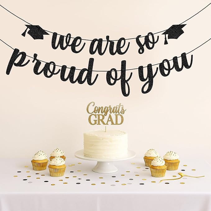 We Are So Proud of You Banner – Black Glitter Graduation Decorations 2026, Pre-Strung Congrats Grad Banner for College, High School, Senior Party, No Assembly Required, Class of 2026 Decor