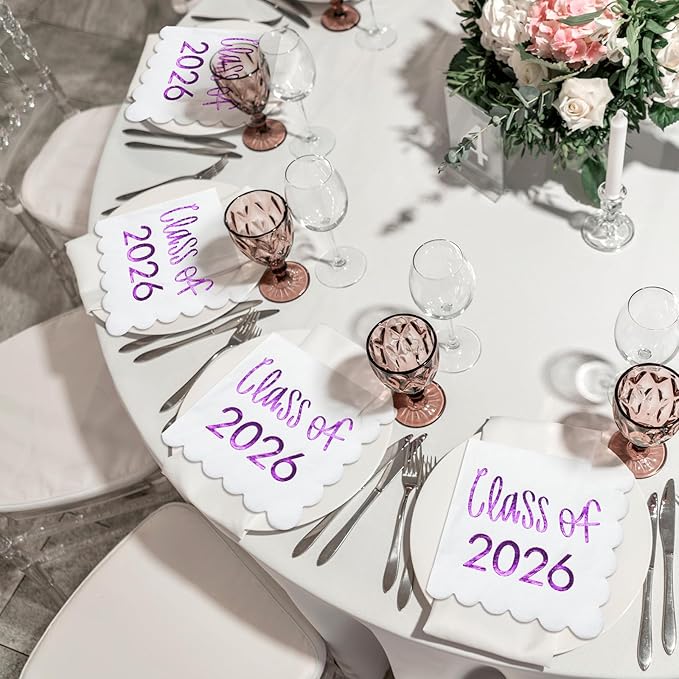 100 Pcs Class of 2026 Graduation Cocktail Napkins 5 x 5 Inch Congrats Grad Scalloped Paper Napkins for Dinner Beverage Graduate Decorations(Purple)