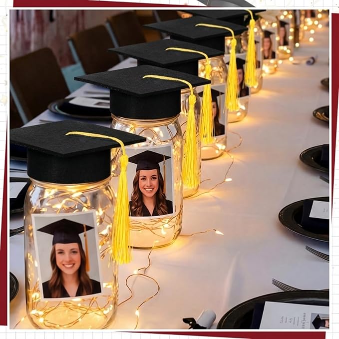 Boao 16 Sets Graduation Table Decoration Set with LED Light up Graduation Decorations for Class of 2026, Grad Jar, Felt Grad Hat and Stickers for High School College(Black,Vivid)