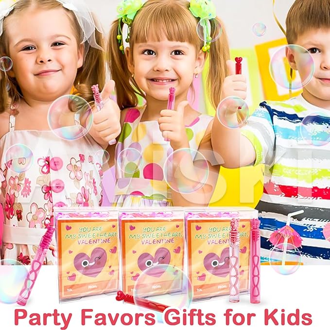 28 Pack Cards for Kids, 4 Different Designs Cute Bubble Wands with Valentines Gift Cards for Boys Girl School Classroom Exchange Prize, Fun Valentines Party Favors Toys