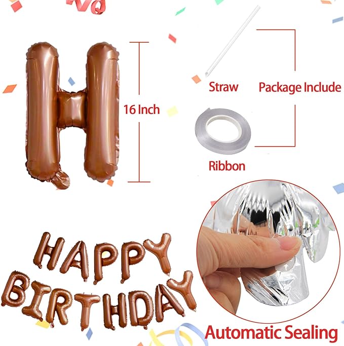 KALOR Brown Happy Birthday Balloons Banner, 16 Inch Mylar Foil Letters Balloon Sign for Birthday Party Decorations Photo Booth Backdrop