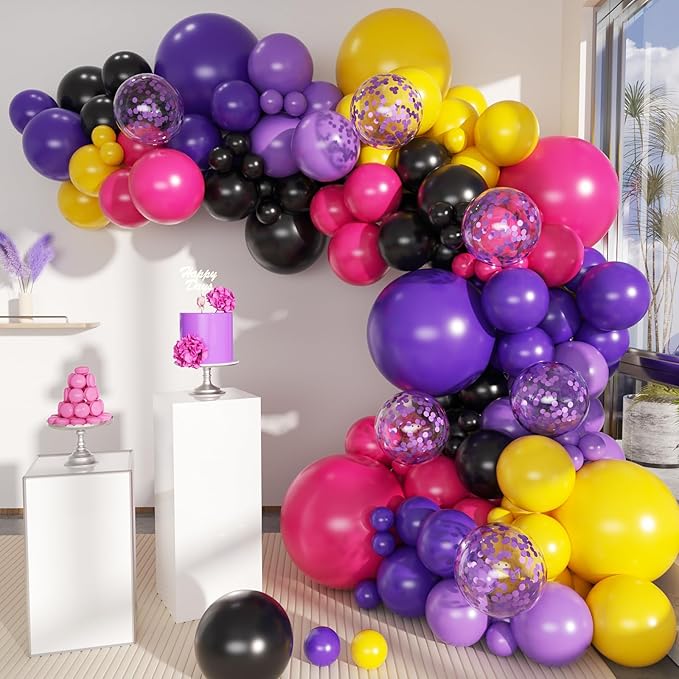Hot Pink Purple Black Yellow Baloon Garland Arch Kit, 146Pcs Latex Balloons Different Sizes 18 12 10 5 inch for Birthday Wedding Graduation Engagement Party Decorations