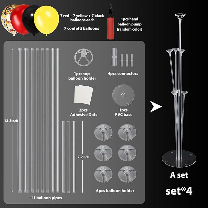 4 Sets Balloon Stand Kit, Balloon Sticks Holder for Table Centerpiece with Red Yellow Black Balloons Mickey Party Theme Kids Party Supplies Decorations(Red Yellow Black)