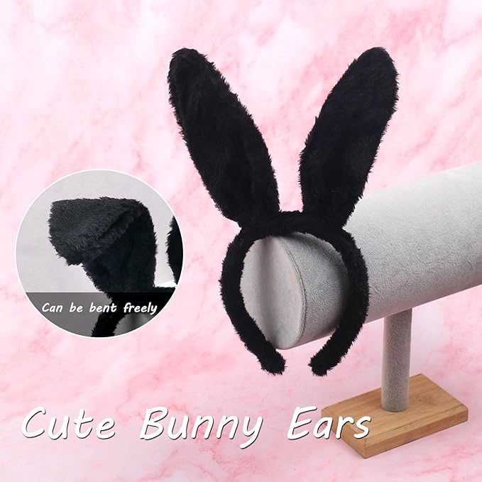 Bunny Headband Easter Hair Bands for Women Girls Kids, Black Cute Plush Rabbit Ears Hair Accessories Non Slip Headbands Easter Day Party Decoration Supplies